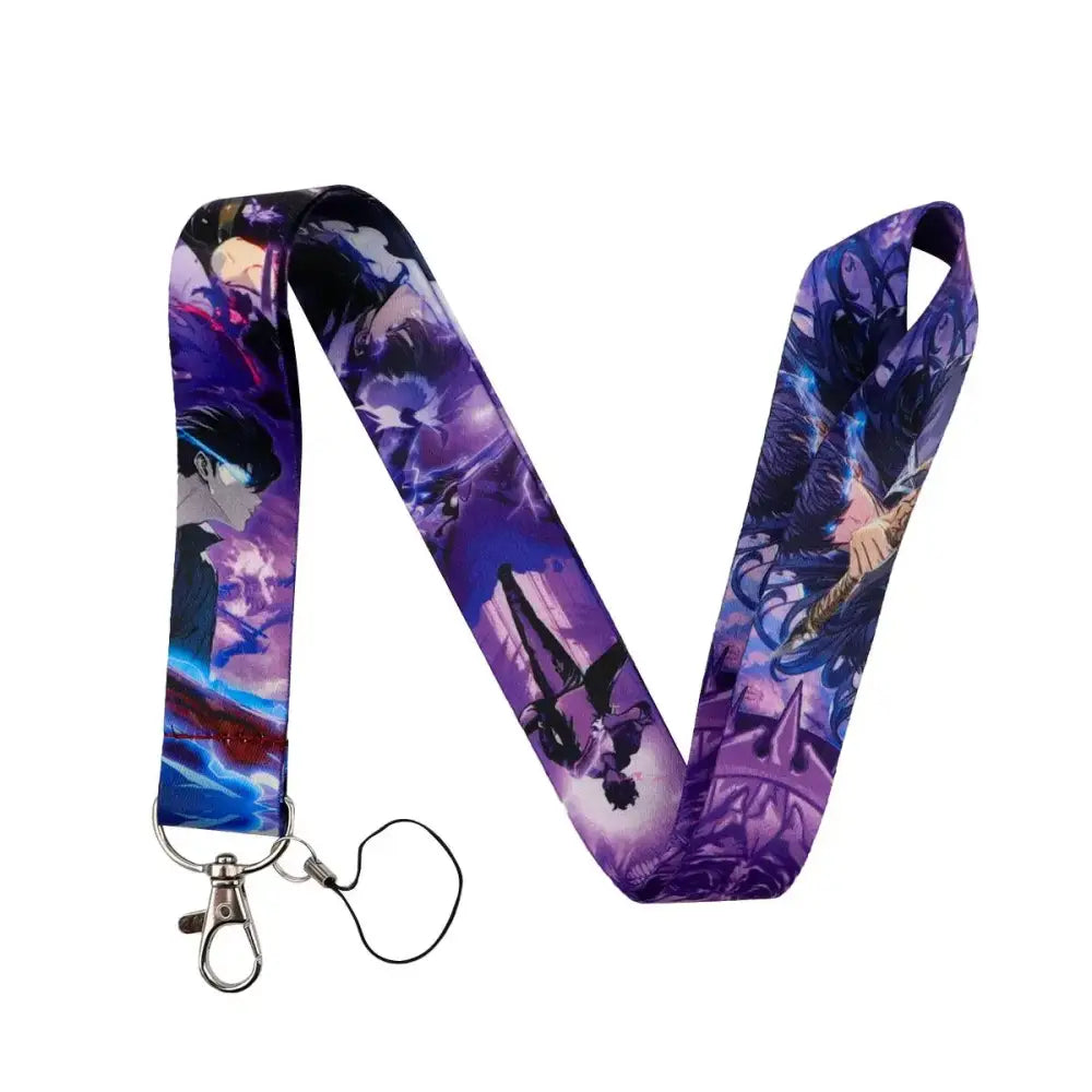Anime series neck strap lanyard in purple and blue with silver metal clasp for id card holder use