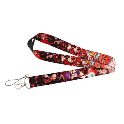 Red and black neck strap lanyard with vibrant anime character print and silver metal clasp for id card holder