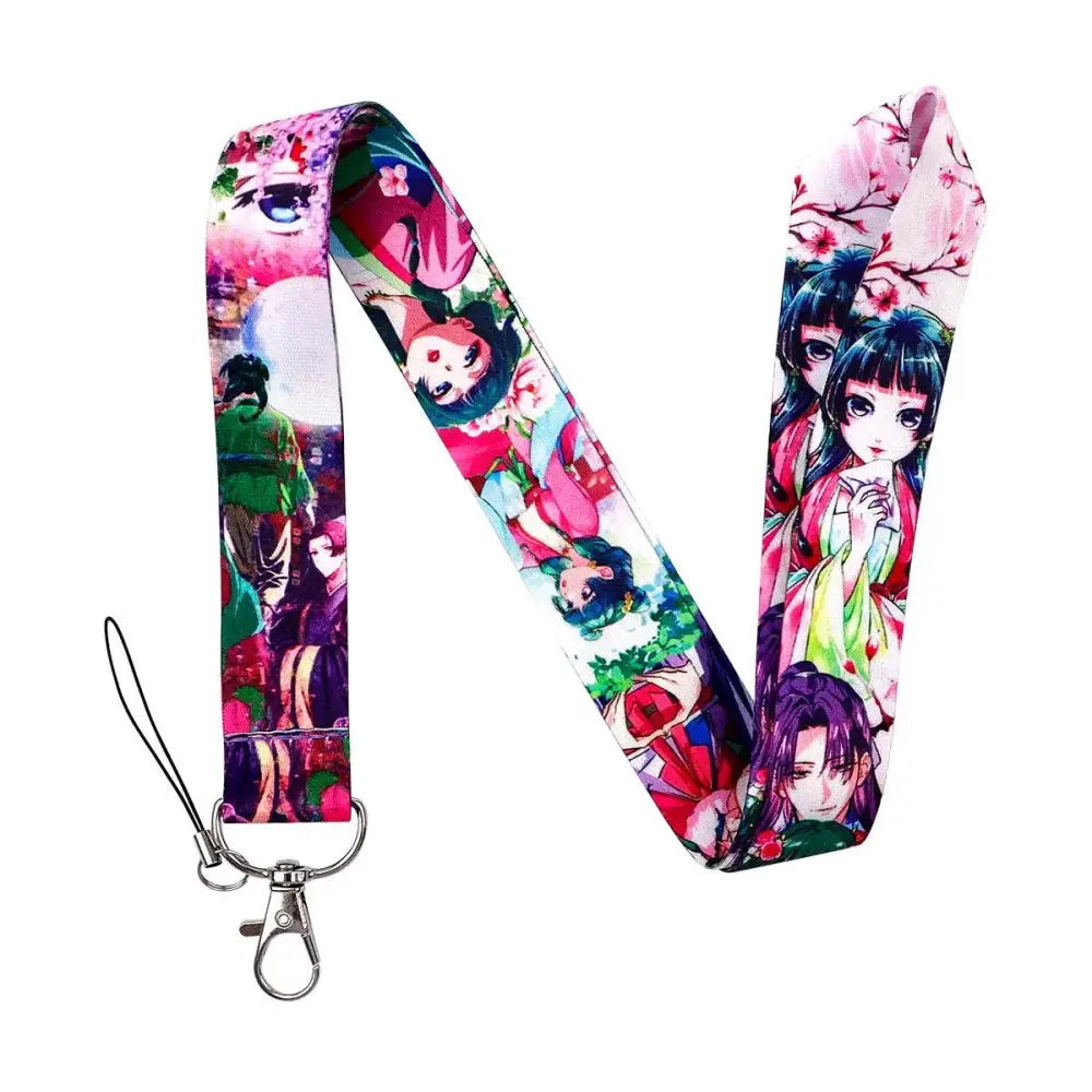 Vibrant anime series neck strap lanyard with colorful characters in traditional japanese attire and cherry blossom design