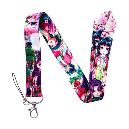 Vibrant anime series neck strap lanyard with colorful characters in traditional japanese attire and cherry blossom design