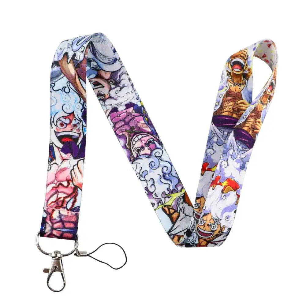 Colorful fabric neck strap lanyard featuring vibrant anime characters in dynamic poses for id card holder