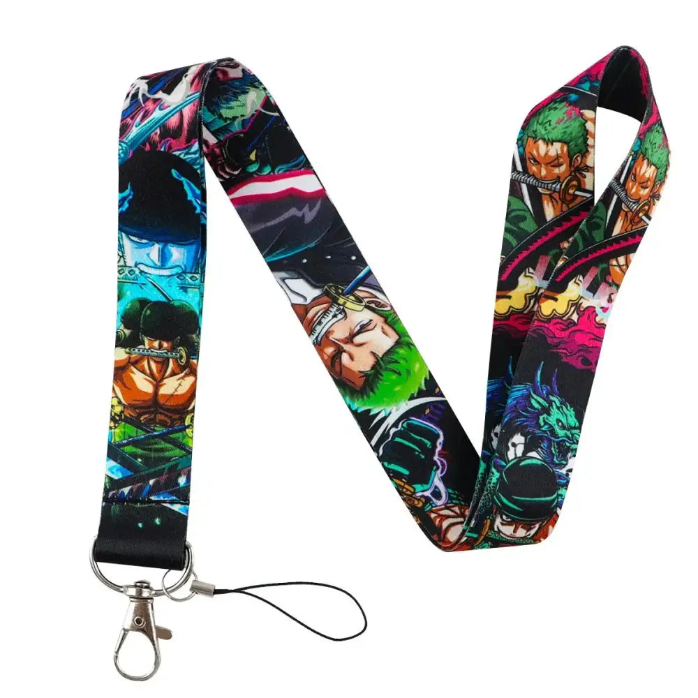 Vibrant multicolored anime series neck strap lanyard with fabric strap, metal clasp, and black cord for ID card holders