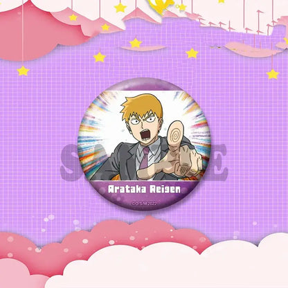 Circular anime shigeo kageyama arataka reigen teruki cosplay badge with spiky blonde character in gray suit and colorful burst background