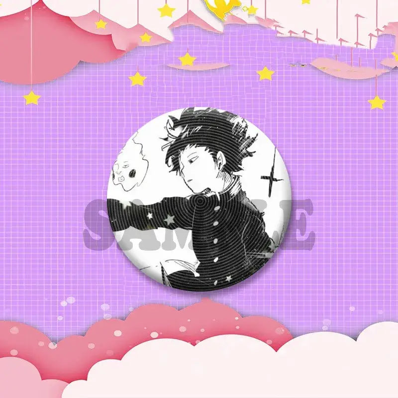 Black-and-white illustrated circular anime Shigeo Kageyama badge with purple pink background for Mob Psycho 100 cosplay