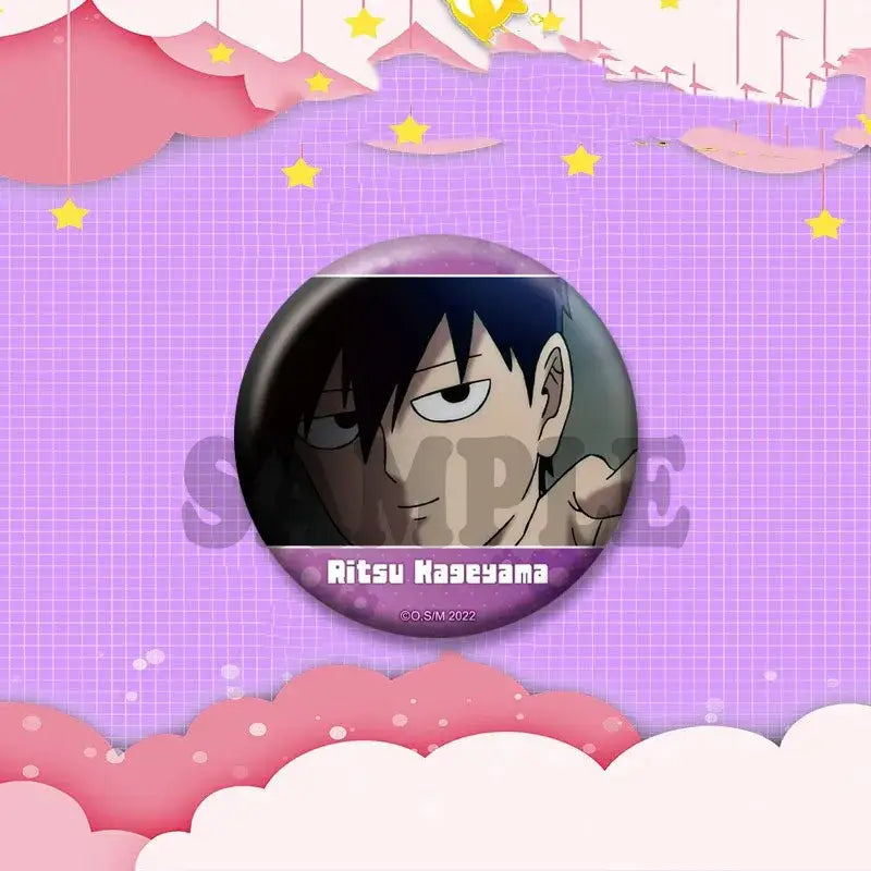 A circular anime cosplay badge featuring shigeo kageyama with dark hair and serious expression on purple background