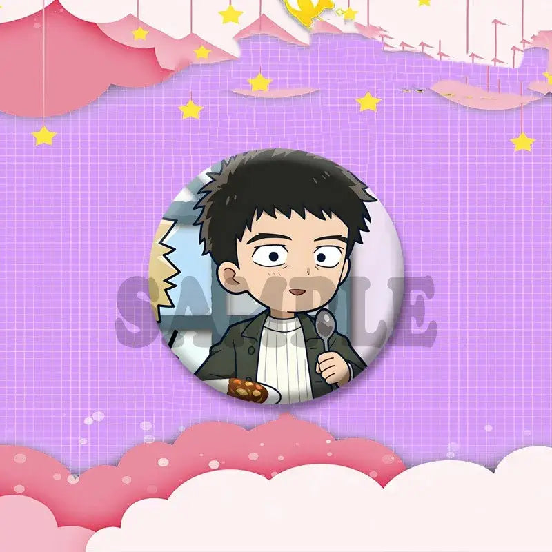 Circular anime cosplay lapel pin featuring a young man with black spiky hair holding a spoon from mob psycho 100