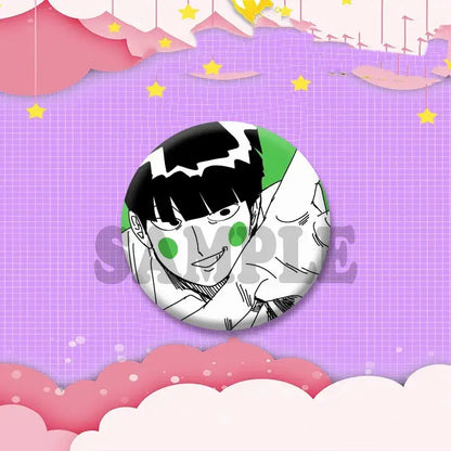 Circular anime shigeo kageyama badge with black hair green cheek markings and white green outfit for cosplay accessory