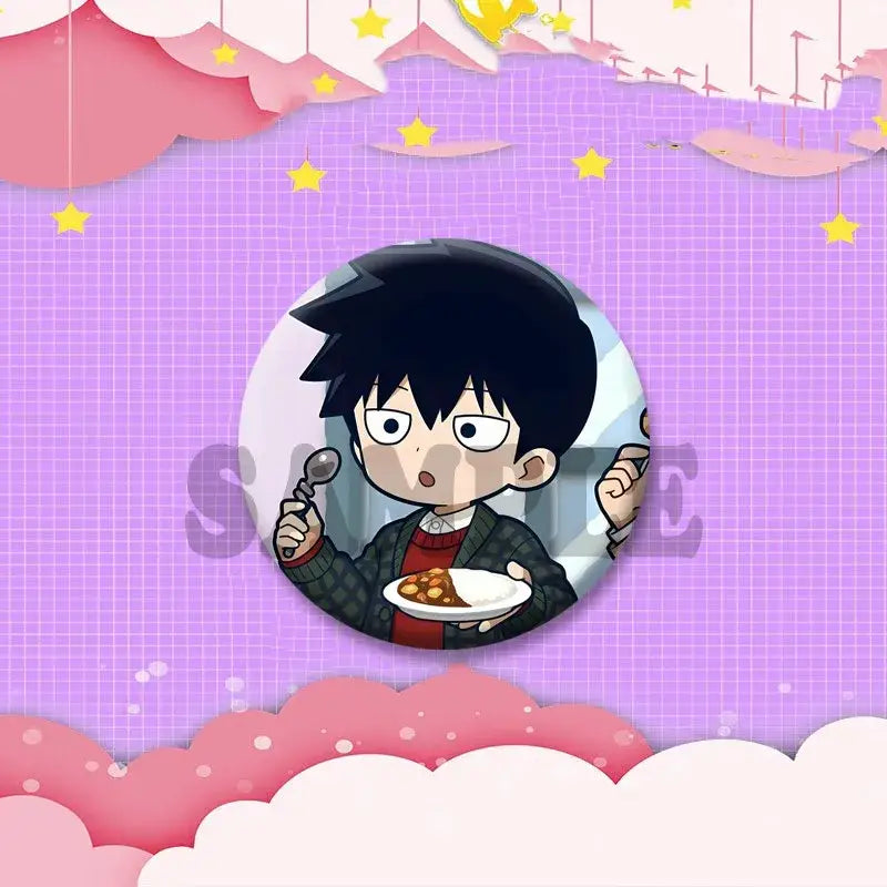 Circular anime cosplay lapel pin featuring cartoon character with black spiky hair holding a spoon over food plate
