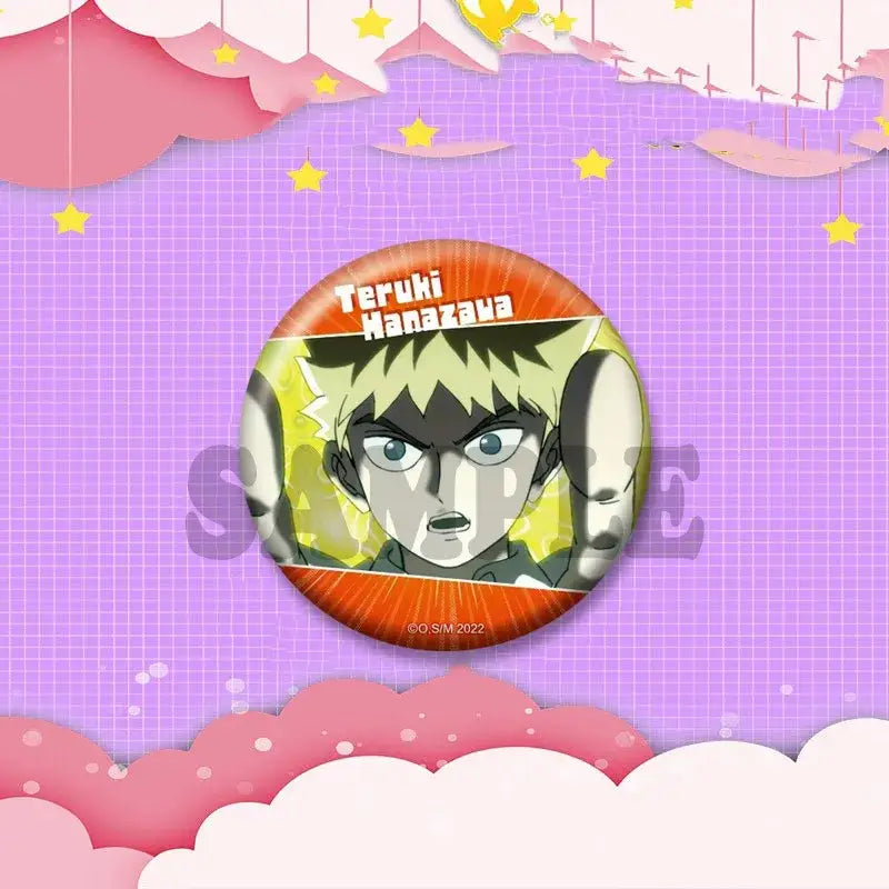 Circular lapel pin featuring teruki hanazawa with spiky blonde hair and blue eyes on an orange-yellow background