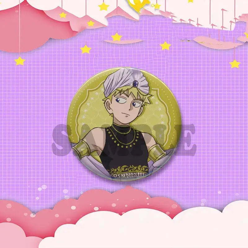 Gold-rimmed circular anime badge featuring blonde character with white turban and gold-embroidered black attire for cosplay
