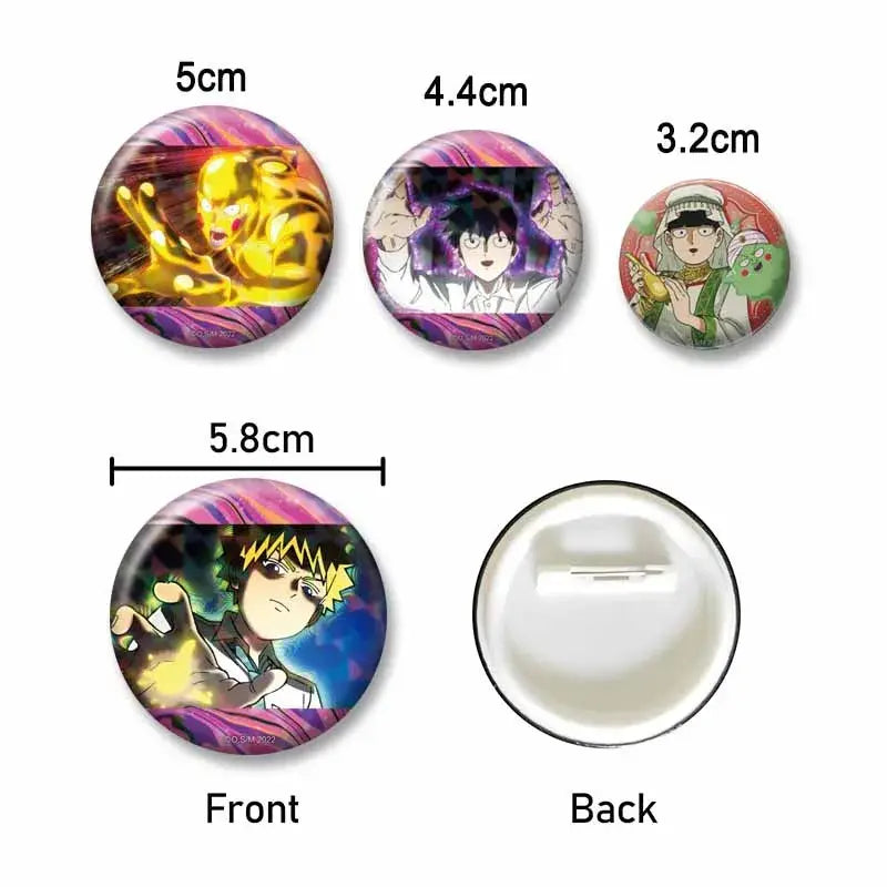 Circular anime shigeo kageyama atreki cosplay pin badges with colorful glossy mob psycho 100 character illustrations