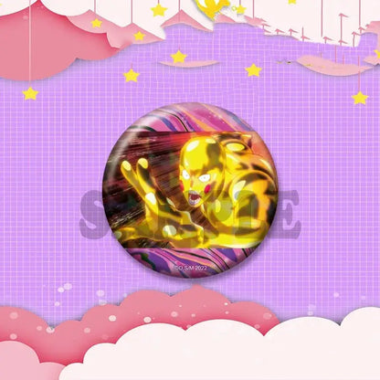 A glossy circular lapel pin badge featuring a golden muscular anime character with glowing eyes from mob psycho 100