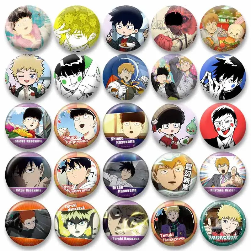 Set of circular anime shigeo kageyama cosplay pins with vibrant colorful illustrations on glossy lapel badges