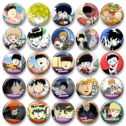Set of circular anime shigeo kageyama cosplay pins with vibrant colorful illustrations on glossy lapel badges
