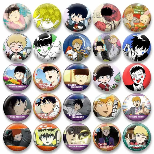 Set of circular anime shigeo kageyama cosplay pins with vibrant colorful illustrations on glossy lapel badges