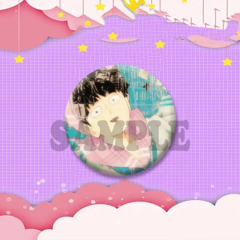 Circular anime pin featuring shigeo kageyama with surprised expression and pink white checkered shirt on teal background