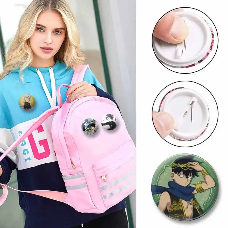 Pink backpack with silver stripes featuring three anime shigeo kageyama arataka reigen teruki cosplay lapel pin badges