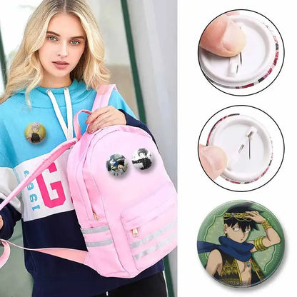 Pink backpack with silver stripes featuring three anime shigeo kageyama arataka reigen teruki cosplay lapel pin badges