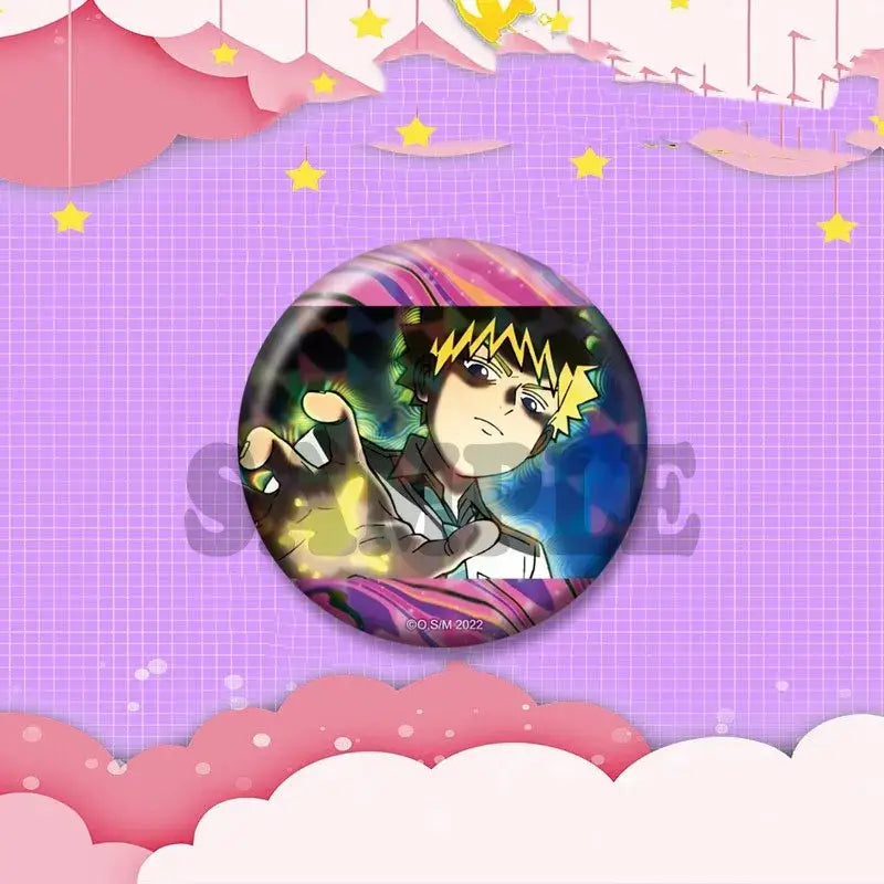 Circular anime shigeo kageyama cosplay badge with spiky hair and glowing yellow energy on vibrant rainbow background