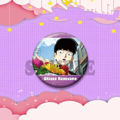 Circular anime shigeo kageyama cosplay badge with black hair surprised expression holding flowers urban backdrop