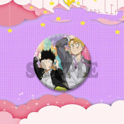Circular anime cosplay badge featuring shigeo kageyama and arataka reigen in dynamic pose on colorful background