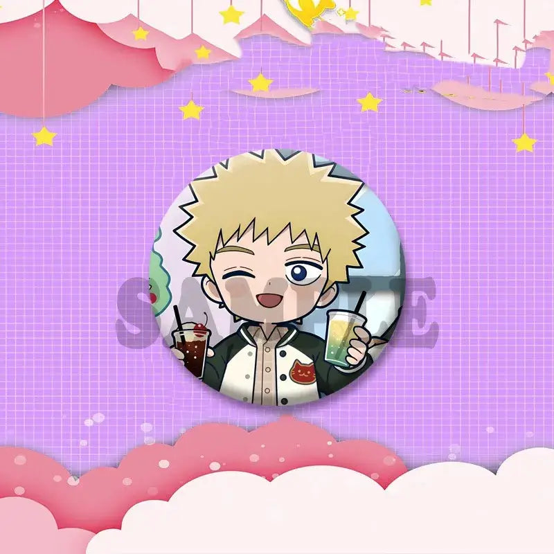 A round glossy anime badge featuring chibi blonde character in black and white jacket holding two drinks from mob psycho 100