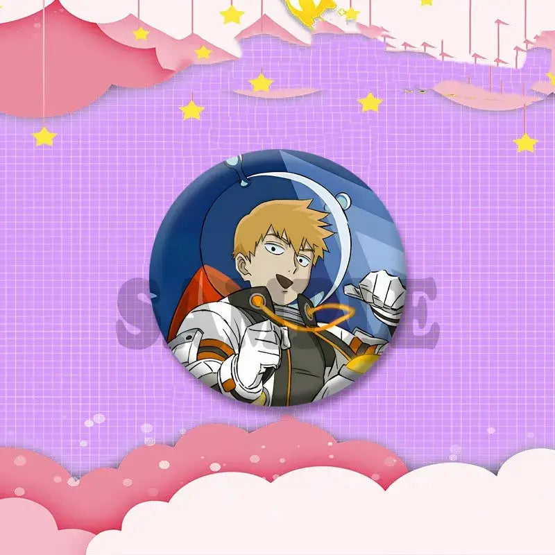 Circular anime cosplay badge featuring shigeo kageyama in white and orange astronaut suit on blue space background