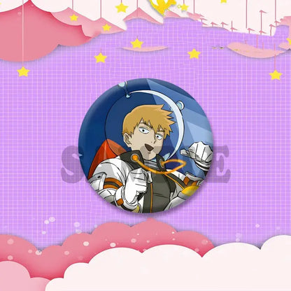 Circular anime cosplay badge featuring shigeo kageyama in white and orange astronaut suit on blue space background