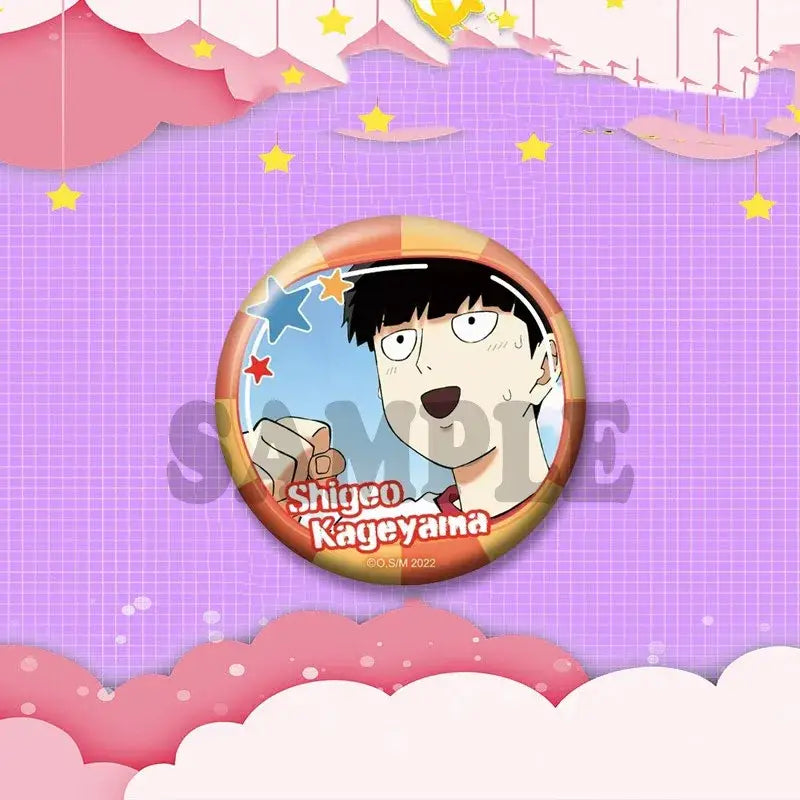 Circular anime cosplay lapel pin featuring shigeo kageyama with black hair and stars on colorful background