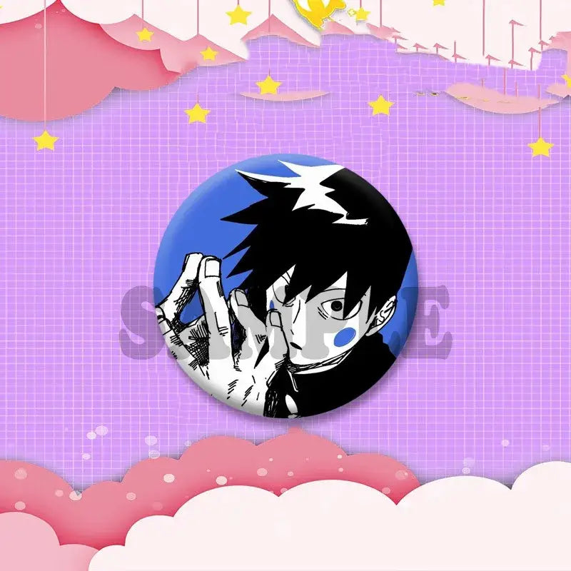 Circular cosplay enamel pin featuring anime character shigeo kageyama with black spiky hair and blue star on forehead