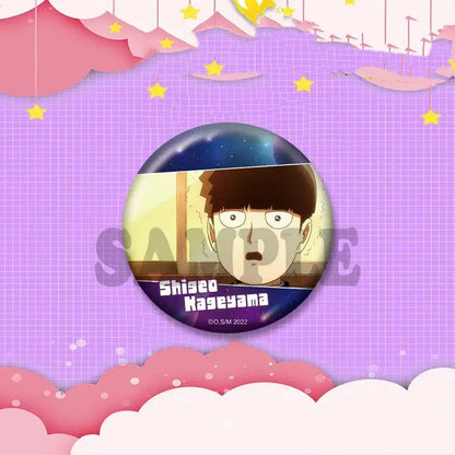 Circular anime cosplay badge featuring shigeo kageyama with brown hair wide eyes on a cosmic background