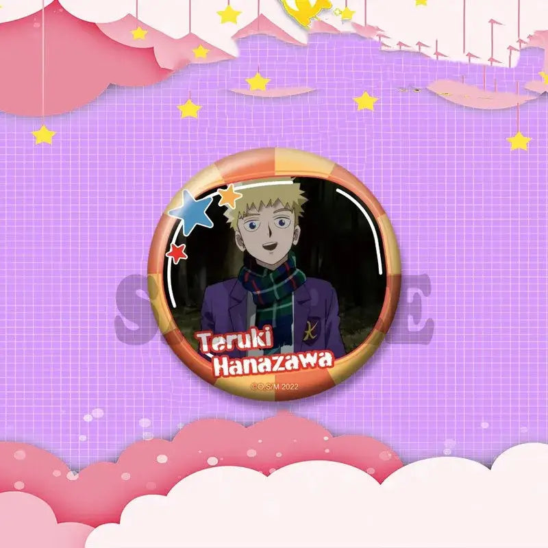 Circular anime badge featuring blonde hair character in purple jacket with colorful background for mob psycho 100 cosplay