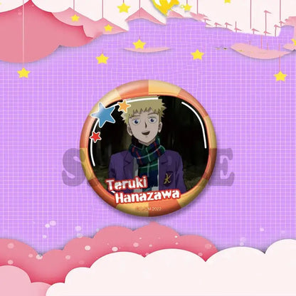 Circular anime badge featuring blonde hair character in purple jacket with colorful background for mob psycho 100 cosplay