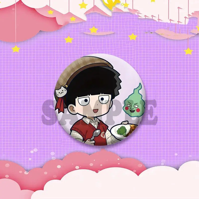 Circular anime shigeo kageyama arataka reigen teruki cosplay badge with cartoon characters in red vest and brown hat