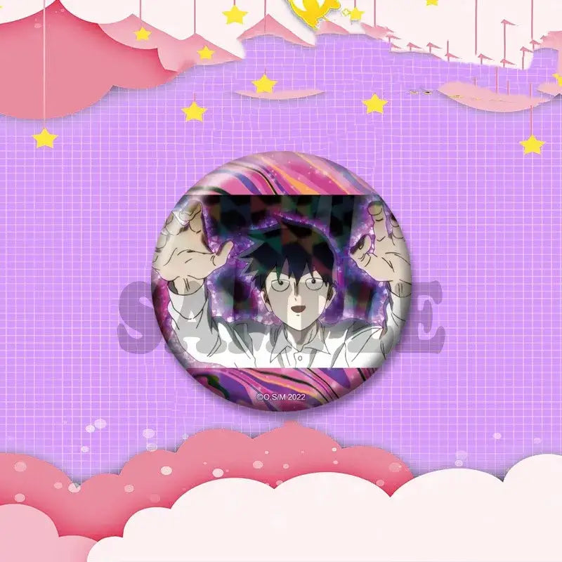 Circular anime pin featuring black-haired glasses-wearing shigeo kageyama with raised hands on purple cosmic background