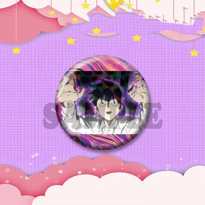 Circular anime pin featuring black-haired glasses-wearing shigeo kageyama with raised hands on purple cosmic background