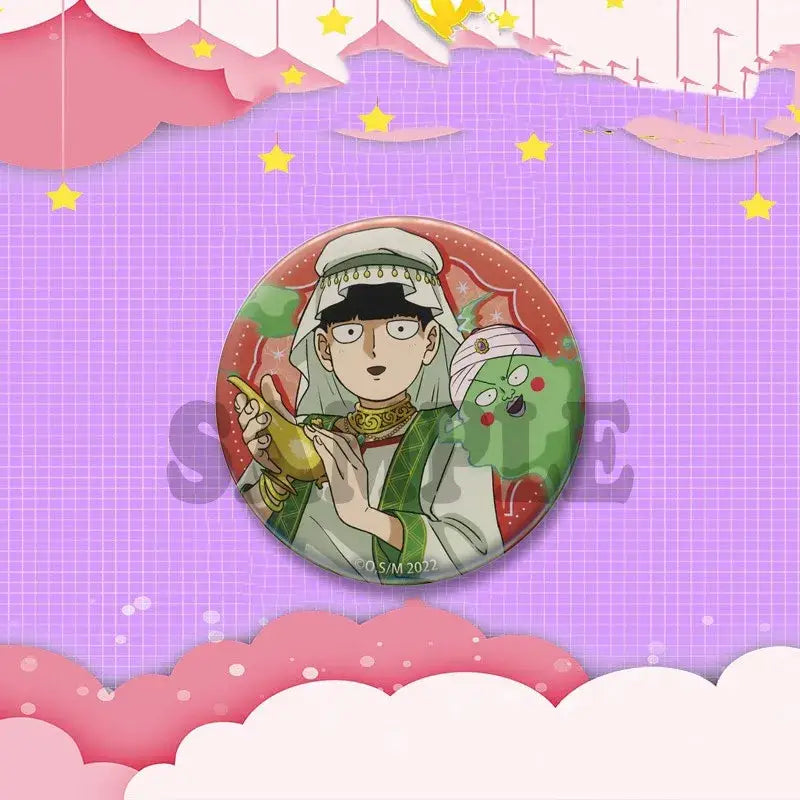 Circular anime pin featuring shigeo kageyama in traditional attire holding golden lamp with green creature from mob psycho 100