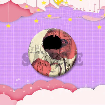 Circular anime pin featuring black-haired shigeo kageyama in red and cream costume from mob psycho 100 for cosplay