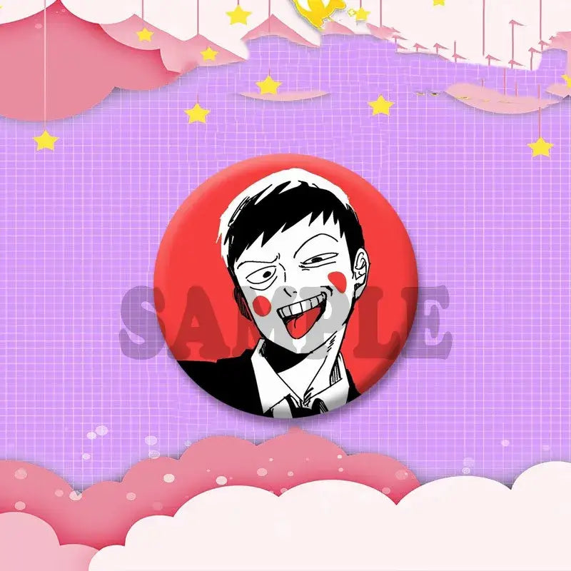 Red circular anime cosplay badge featuring black and white shigeo kageyama with red cheeks and tongue out