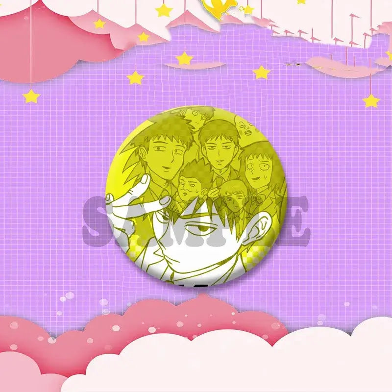 Circular yellow and white anime shigeo kageyama cosplay pin featuring mob psycho 100 characters lapel brooch