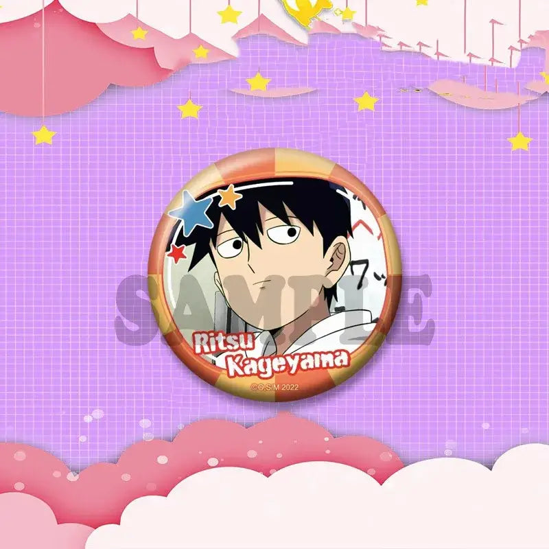 Circular anime shigeo kageyama cosplay badge with black hair character and colorful stars lapel pin for bags hats gifts
