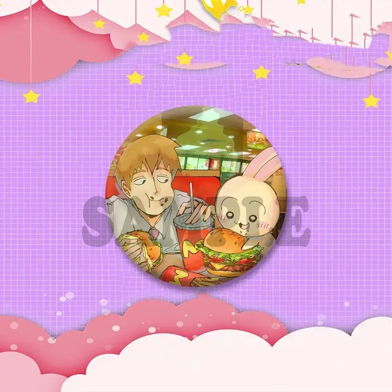 Circular anime-themed lapel pin featuring shigeo kageyama and rabbit sharing burgers from mob psycho 100 cosplay