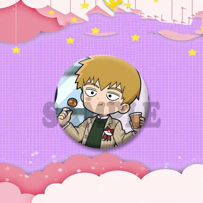 Circular lapel pin featuring anime character arataka reigen with blonde hair holding lollipop and drink in beige jacket