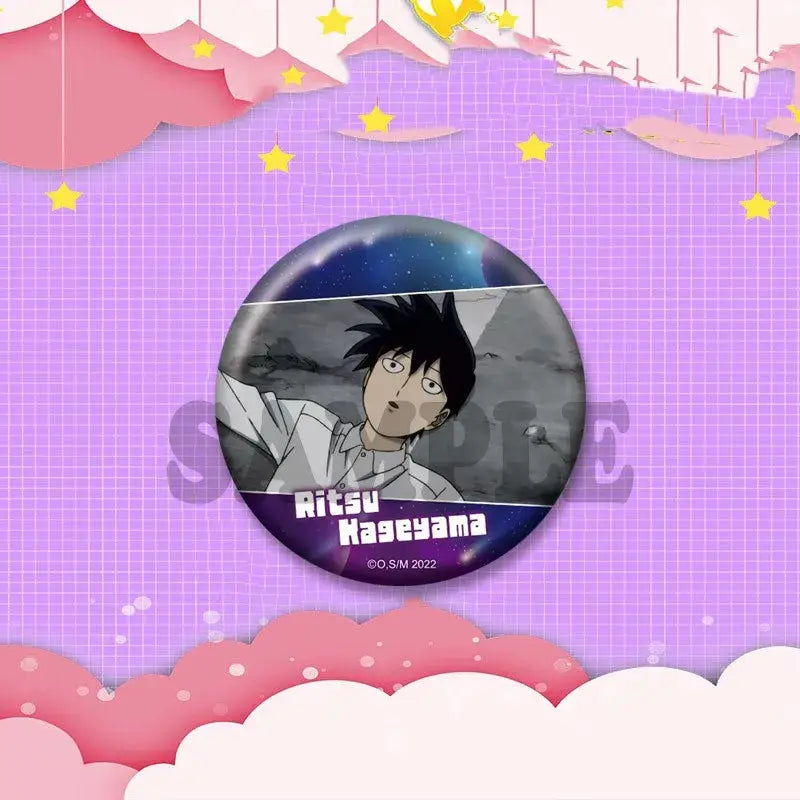 Circular anime lapel pin featuring ritsu kageyama with black hair and white shirt on starry night sky background