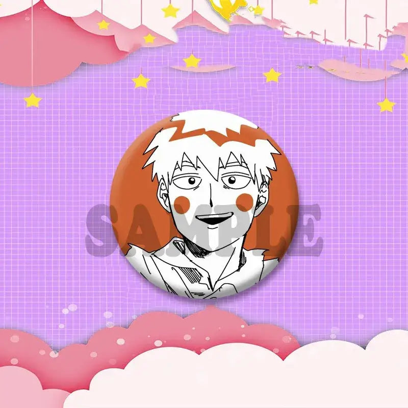 Orange and white circular anime badge featuring a smiling cartoon character with spiky hair and rosy cheeks