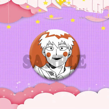 Orange and white circular anime badge featuring a smiling cartoon character with spiky hair and rosy cheeks