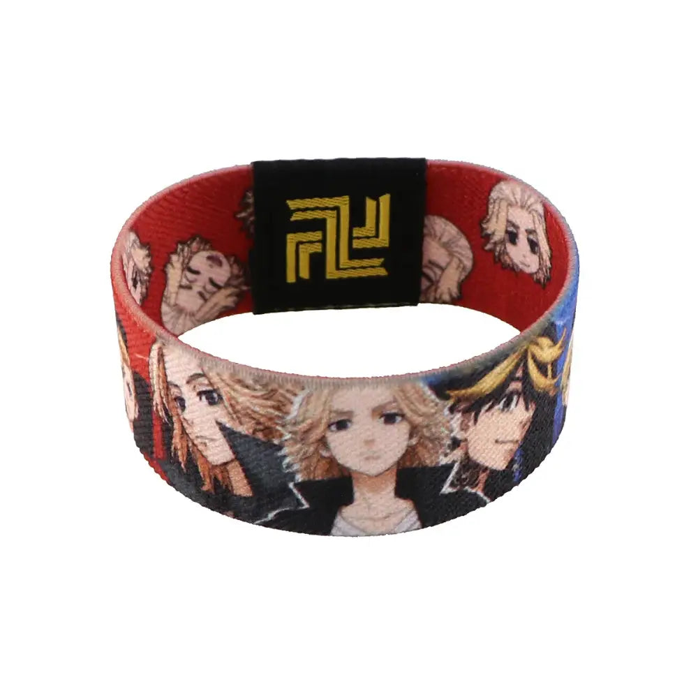 Red and black elastic wide band stretch wristband featuring anime character portraits and a black patch with gold lettering