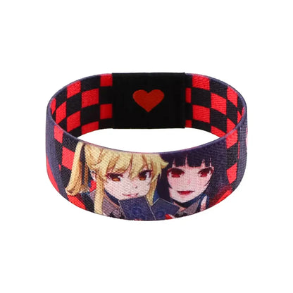 Red and black checkered wide band armband featuring anime characters and a central heart emblem for daily wear