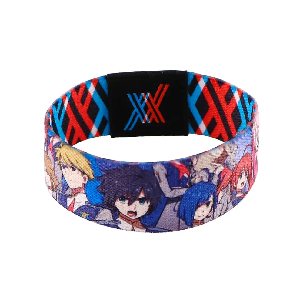 Colorful anime stretch wide band armband with red blue black fabric and black panel featuring stylized xx branding for daily wear