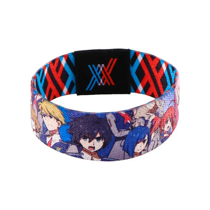 Colorful anime stretch wide band armband with red blue black fabric and black panel featuring stylized xx branding for daily wear